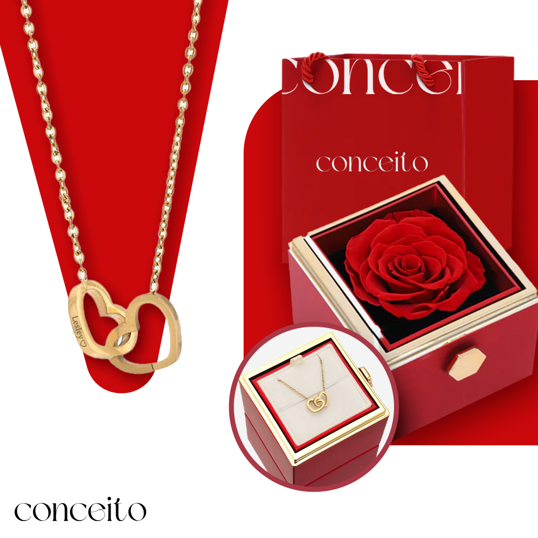 Colar Lovers Personalizável Dois Corações + Caixa Rosa Eterna de Brinde